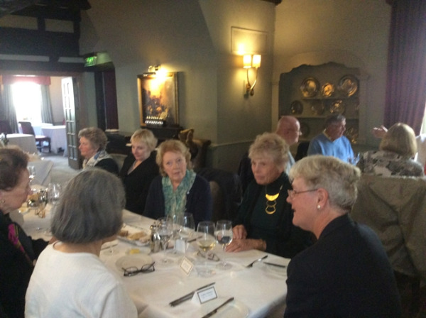 Louise Healey, Mary Miko, Annella Preble, Betsy Russell, Carlisle Wildeman, Lorraine Smith and Mimi Ragsdale at lunch at the Macdonald Bear Hotel