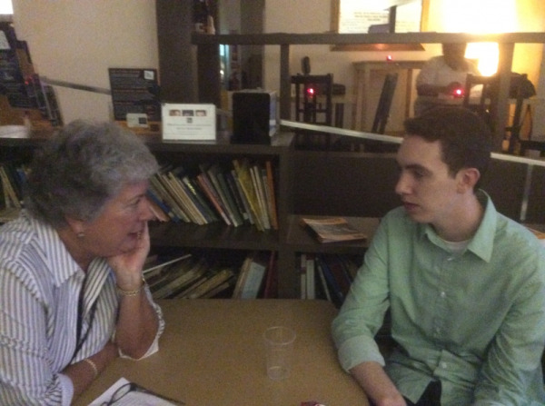Dolores Andrew chats with former Goodspeed marketing intern Eddy Lee, who was spending the semester in London
