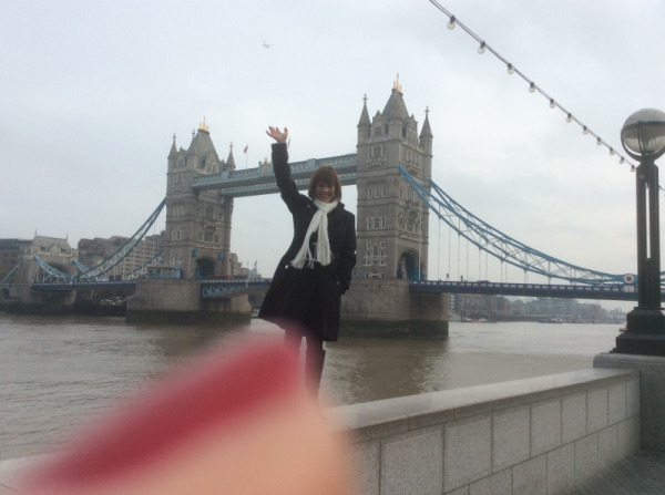 Our trip organizer in London, Jane Tizard, at Tower Bridge