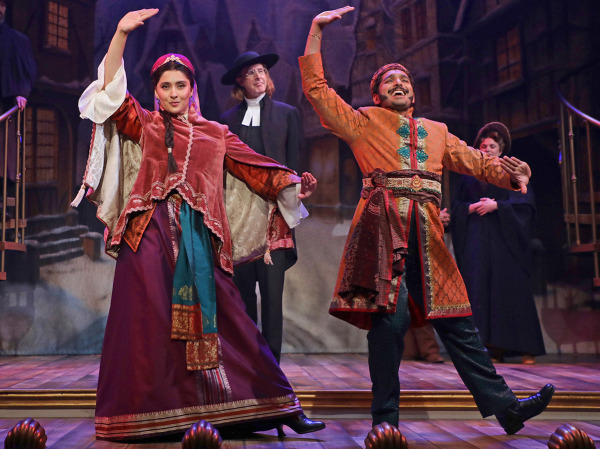 Jetta Juriansz and Levin Valayil with the cast of Goodspeed's The Mystery of Edwin Drood. Photo by Diane Sobolewski.
