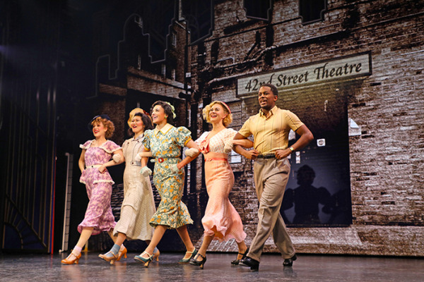 Sarah Dearstyne, Candice Hatakeyama, Carina-Kay Louchiey, Eloise Kropp and Lamont Brown in Goodspeed's 42nd Street. Photo by Diane Sobolewski