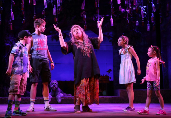 Roz Ryan as Gloria Dump with Jay Hendrix, Jaime Mann, Josie Todd and Sophia Massa of Goodspeed Musicals’ Because of Winn Dixie, extended by popular demand through September 5 at The Goodspeed. Photo by Diane Sobolewski.