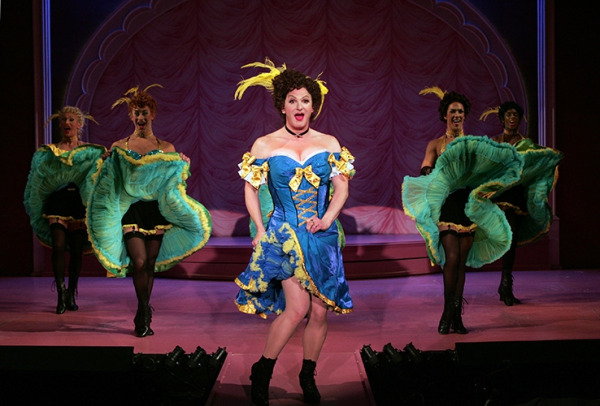 Jamison Stern with Nic Thompson, Nick Silverio, Alexander Cruz and Darius Barnes in Goodspeed's La Cage aux Folles. Photo by Diane Sobolewski.