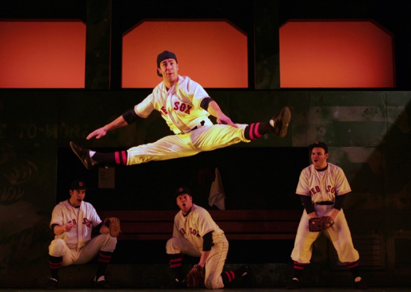 Sean Ewing with Timothy Hughes, Victor J. Wisehart, and Michael Mendez in Goodspeed's DAMN YANKEES. (c)Diane Sobolewski.