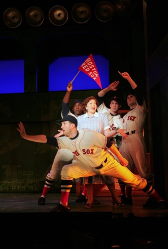 Ann Arvia with Alfie Parker, Jr.; Steve Geary; Ryan Cavanaugh; and Danny Lindgren in Goodspeed's DAMN YANKEES. (c)Diane Sobolewski.