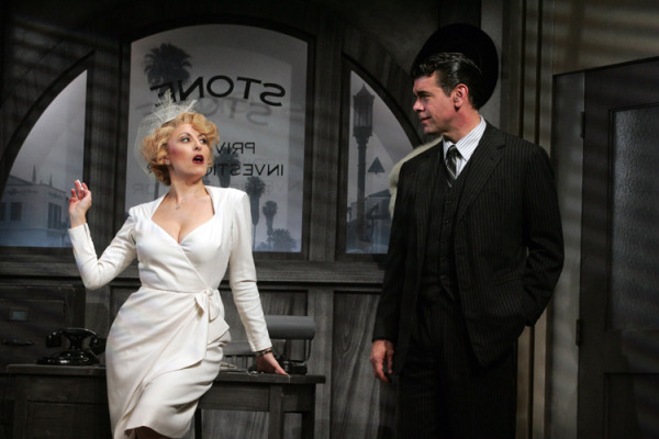 She has one helluva secret! Liz Pearce as Alaura Kingsley and Burke Moses as private investigator Stone sizzle in Goodspeed Musicals’ City of Angels. (c) Diane Sobolewski.