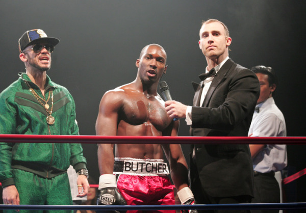 Joshua Keith with Dennis Stowe, Ven Daniels and Albert Guerzon in Goodspeed's CUTMAN a boxing musical. (c) Diane Sobolewski.