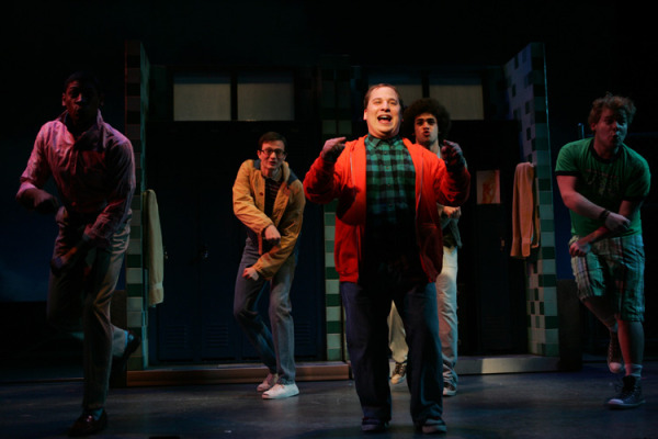 Nkrumah Gatling, Matt Braver, Jared Gertner, Mike Millan and F. Michael Haynie in Goodspeed Musicals' BAND GEEKS! (c) Diane Sobolewski.