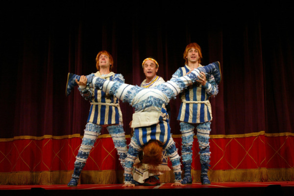 Steve Konopelski with Kurt Domoney, Adam Heller, Jason Babinsky in Goodspeed's A Funny Thing Happened on the Way to the Forum. (c) Diane Sobolewski.