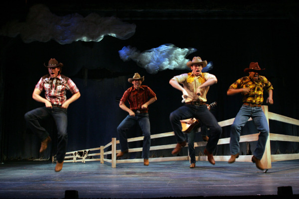 Gavin Lodge, James Gray, Stephen Carrasco, and Robert H. Fowler in Goodspeed Musicals' LUCKY GUY. (c) Diane Sobolewski.