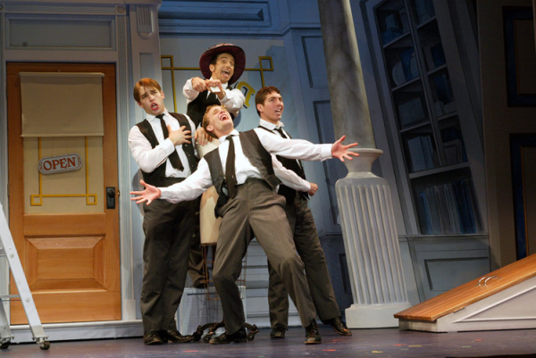 Jon Peterson (top, center) and (front row L to R) Wes Hart, Danny Gardner, and Cameron Henderson in Goodspeed Musicals' HALF A SIXPENCE. (c) Diane Sobolewski.