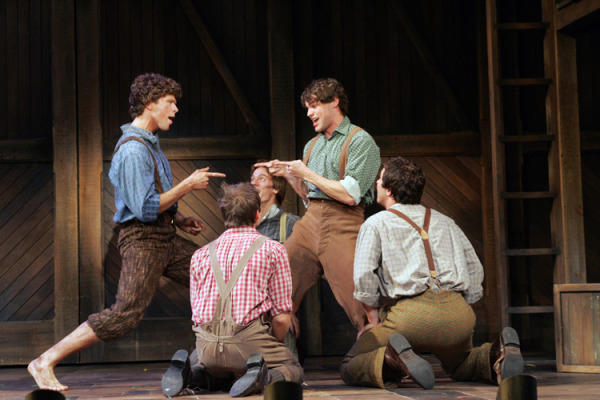 Will Reynolds, Daniel Kwaitkowski, Jeremy Jordan, Danny Marr, and Adam Shonkwiler in Goodspeed Musicals BIG RIVER. (c) Diane Sobolewski.