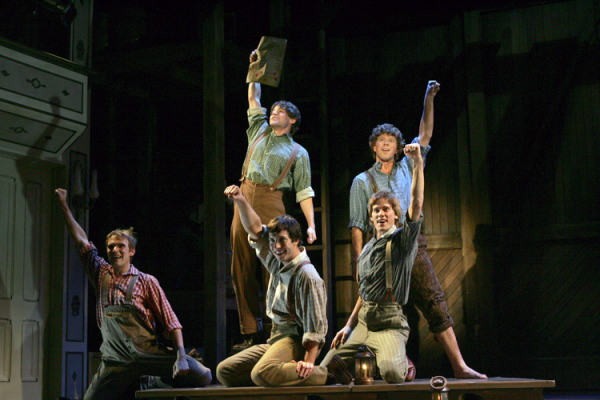 Jeremy Jordan, Will Reynolds, Adam Shonkwiler, Danny Marr, and Daniel Kwaitkowski in Goodspeed Musicals' BIG RIVER. (c) Diane Sobolewski.
