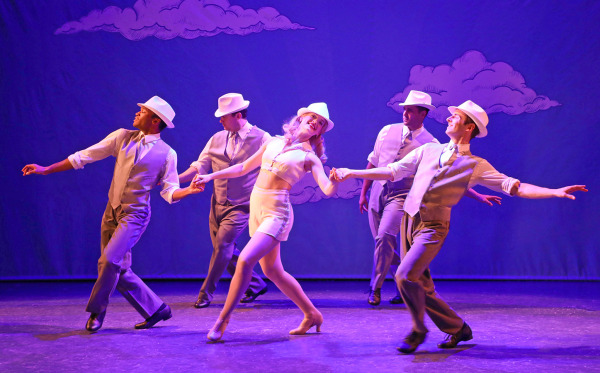 Jonalyn Saxer with Keyon Pickett, Alex Hayden Miller, Travis Ward-Osborne and Jeff Gallup in Goodspeed's White Christmas. Photo by Diane Sobolewski.