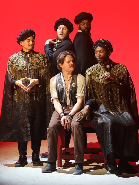 Austin Lesch (center) with Kevin Trinio Perdido, Michael James, Elijah Dawson and Jamari Darling in Goodspeed's Jesus Christ Superstar. Photo by Diane Sobolewski.