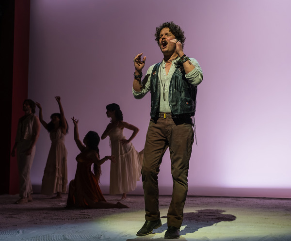Austin Lesch with Justin Matthew Sargent, Thabitha Moruthane, Stephanie Zaharis and Kathy Liu in Goodspeed's Jesus Christ Superstar. Photo by Meredith Longo.