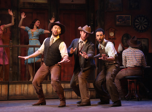 Brian Shimasaki Liebson, Griffin Wilkins, Samuel Colina and the cast of in Goodspeed's Crazy For You. Photo by Diane Sobolewski.